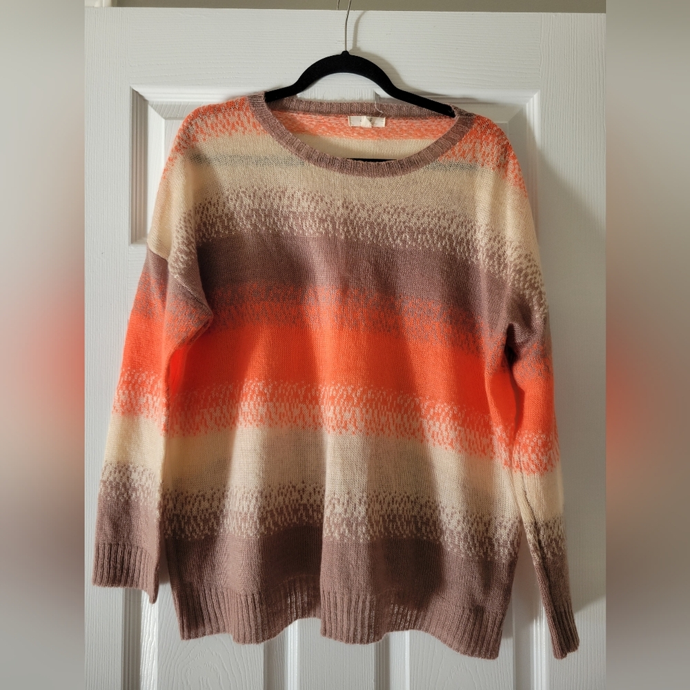 Womens Easel Oversized Small Striped Crewneck Sweater in Orange, Cream & Taupe